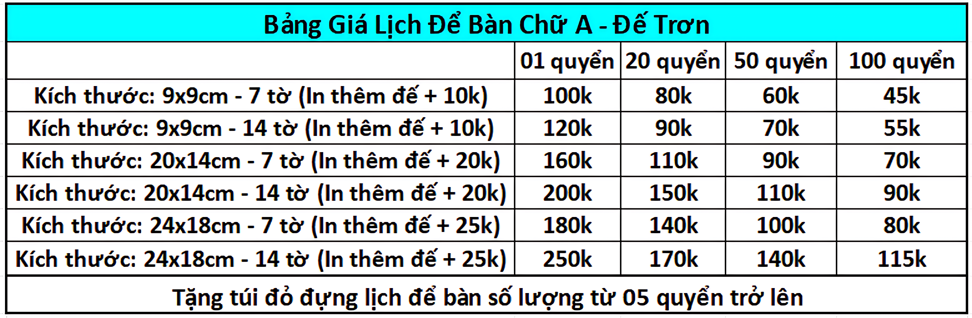 Bảng giá lịch để bàn chữ A