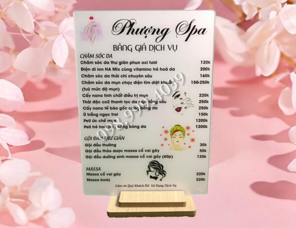 In menu quán - menu bảng giá dịch vụ spa