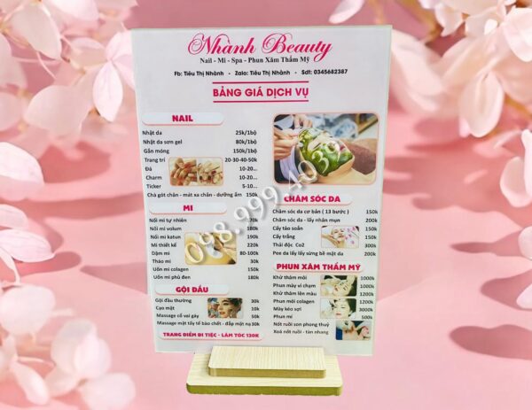 In menu quán - menu bảng giá dịch vụ spa