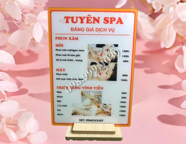 In menu quán - menu bảng giá dịch vụ spa