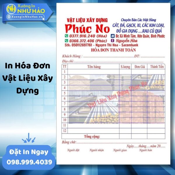 (Ship 4 Ngày) In Hóa Đơn Vật Liệu Xây Dựng Theo Yêu Cầu: Báo Giá Nhanh, In Hóa Đơn Thông Thường Chất Lượng Cao