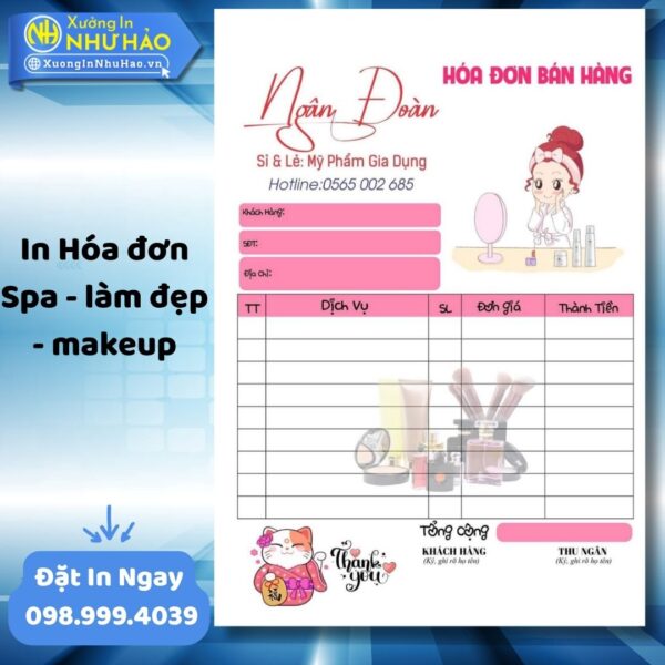 (Ship 4 Ngày) Đặt In Hóa Đơn Spa - Làm Đẹp - Makeup Giá Rẻ, Thiết Kế Miễn Phí, Giao Toàn Quốc