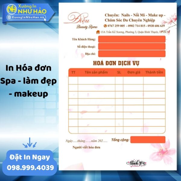 (Ship 4 Ngày) Đặt In Hóa Đơn Spa - Làm Đẹp - Makeup Giá Rẻ, Thiết Kế Miễn Phí, Giao Toàn Quốc - Hình ảnh 3