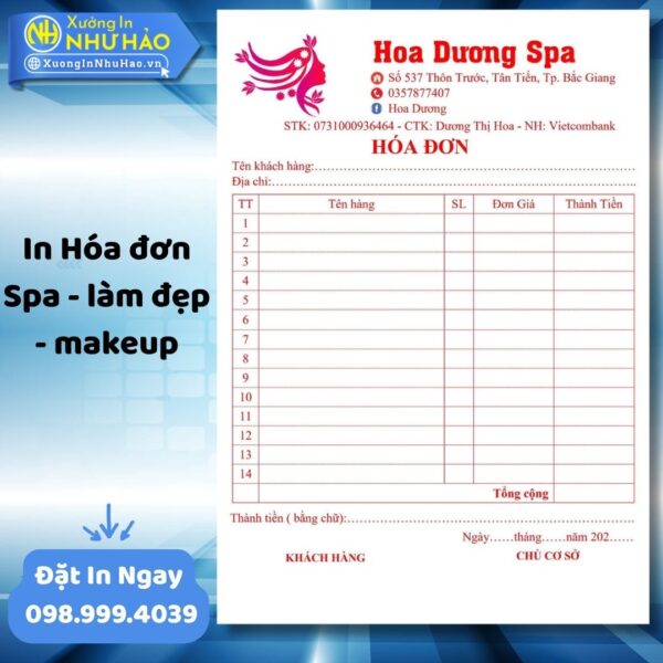 (Ship 4 Ngày) Đặt In Hóa Đơn Spa - Làm Đẹp - Makeup Giá Rẻ, Thiết Kế Miễn Phí, Giao Toàn Quốc - Hình ảnh 4
