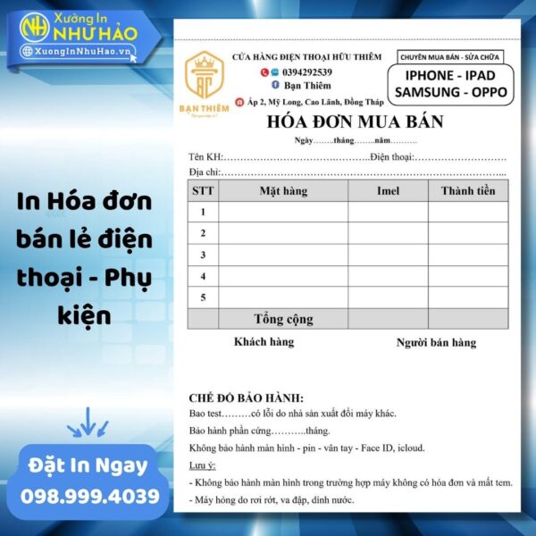 (Ship 4 Ngày) In Hóa Đơn Bán Lẻ Điện Thoại - Phụ Kiện Theo Yêu Cầu, In Hóa Đơn 2 Liên - Hình ảnh 2