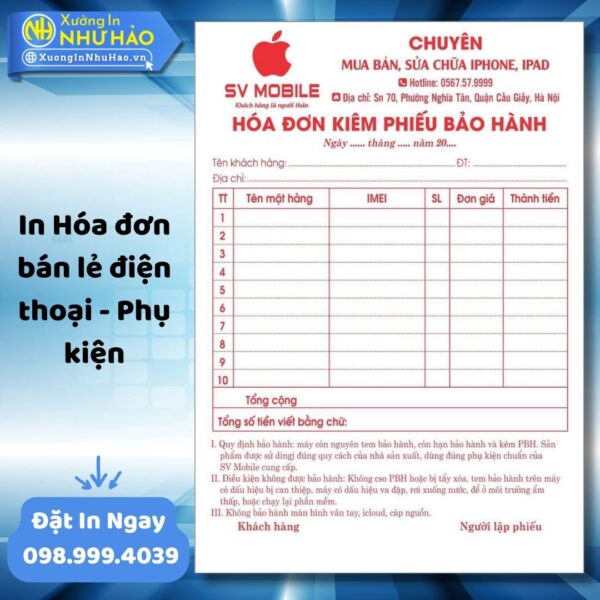 (Ship 4 Ngày) In Hóa Đơn Bán Lẻ Điện Thoại - Phụ Kiện Theo Yêu Cầu, In Hóa Đơn 2 Liên