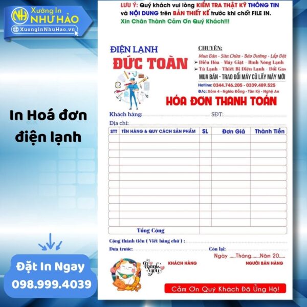 (Ship 4 Ngày) In Hoá Đơn Điện Lạnh Theo Yêu Cầu, Giá Rẻ Tại Xưởng, Nâng Tầm Chuyên Nghiệp