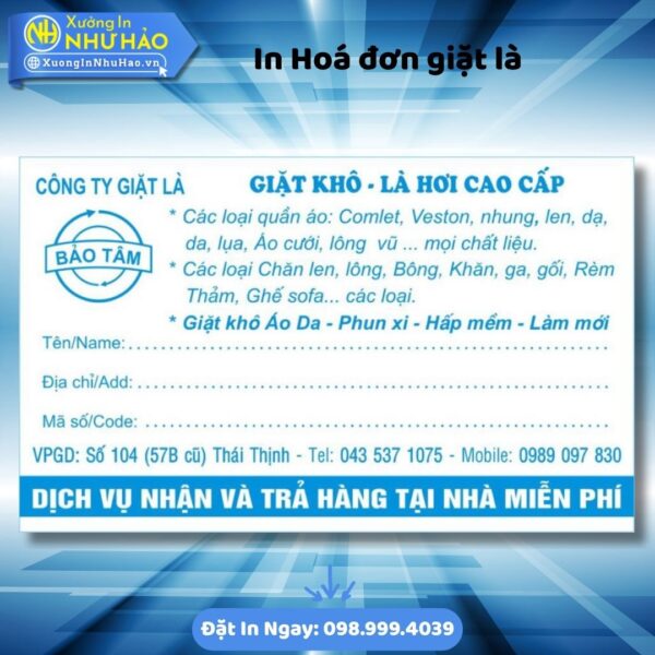(Ship 4 Ngày) In Hóa Đơn Giặt Là Chuyên Nghiệp, Giá Rẻ Tại Xưởng Như Hảo - Thiết Kế Miễn Phí, Giao Nhanh Toàn Quốc