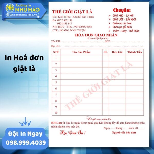 (Ship 4 Ngày) In Hóa Đơn Giặt Là Chuyên Nghiệp, Giá Rẻ Tại Xưởng Như Hảo - Thiết Kế Miễn Phí, Giao Nhanh Toàn Quốc - Hình ảnh 3