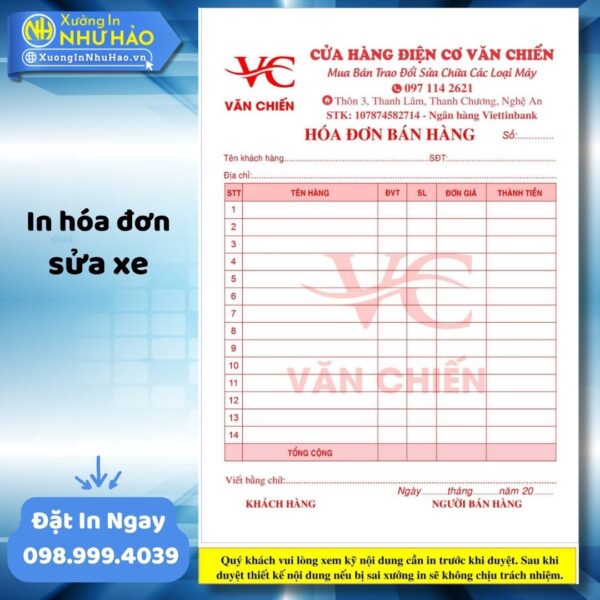 In Hóa Đơn Sửa Xe Chuyên Nghiệp, Giá Rẻ Tại Xưởng In Như Hảo - Nâng Tầm Uy Tín Gara, Tiệm Sửa Xe Toàn Quốc - Hình ảnh 2