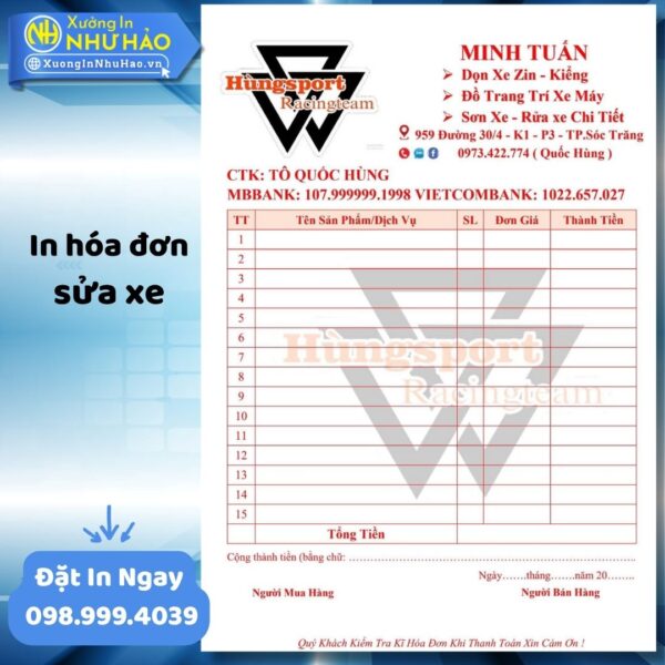 In Hóa Đơn Sửa Xe Chuyên Nghiệp, Giá Rẻ Tại Xưởng In Như Hảo - Nâng Tầm Uy Tín Gara, Tiệm Sửa Xe Toàn Quốc - Hình ảnh 3