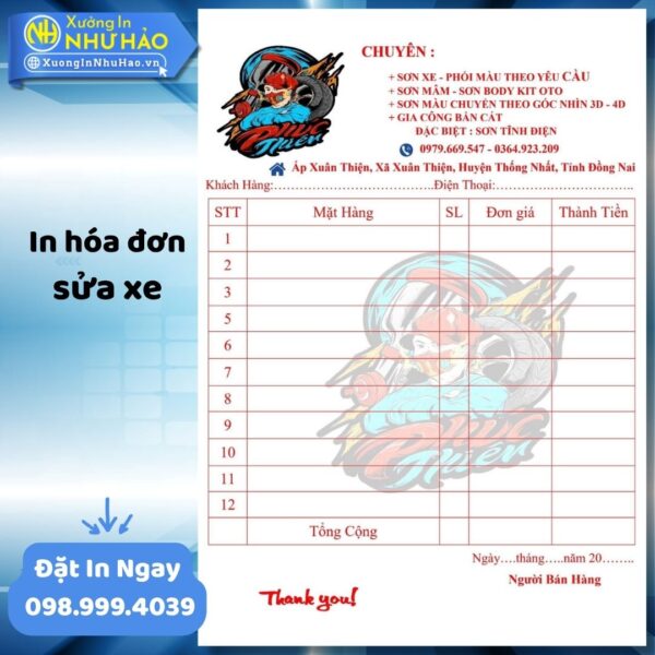 In Hóa Đơn Sửa Xe Chuyên Nghiệp, Giá Rẻ Tại Xưởng In Như Hảo - Nâng Tầm Uy Tín Gara, Tiệm Sửa Xe Toàn Quốc