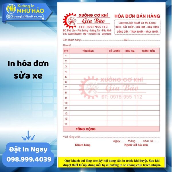 In Hóa Đơn Sửa Xe Chuyên Nghiệp, Giá Rẻ Tại Xưởng In Như Hảo - Nâng Tầm Uy Tín Gara, Tiệm Sửa Xe Toàn Quốc - Hình ảnh 4