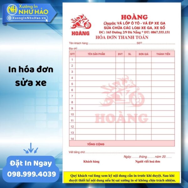 In Hóa Đơn Sửa Xe Chuyên Nghiệp, Giá Rẻ Tại Xưởng In Như Hảo - Nâng Tầm Uy Tín Gara, Tiệm Sửa Xe Toàn Quốc - Hình ảnh 5