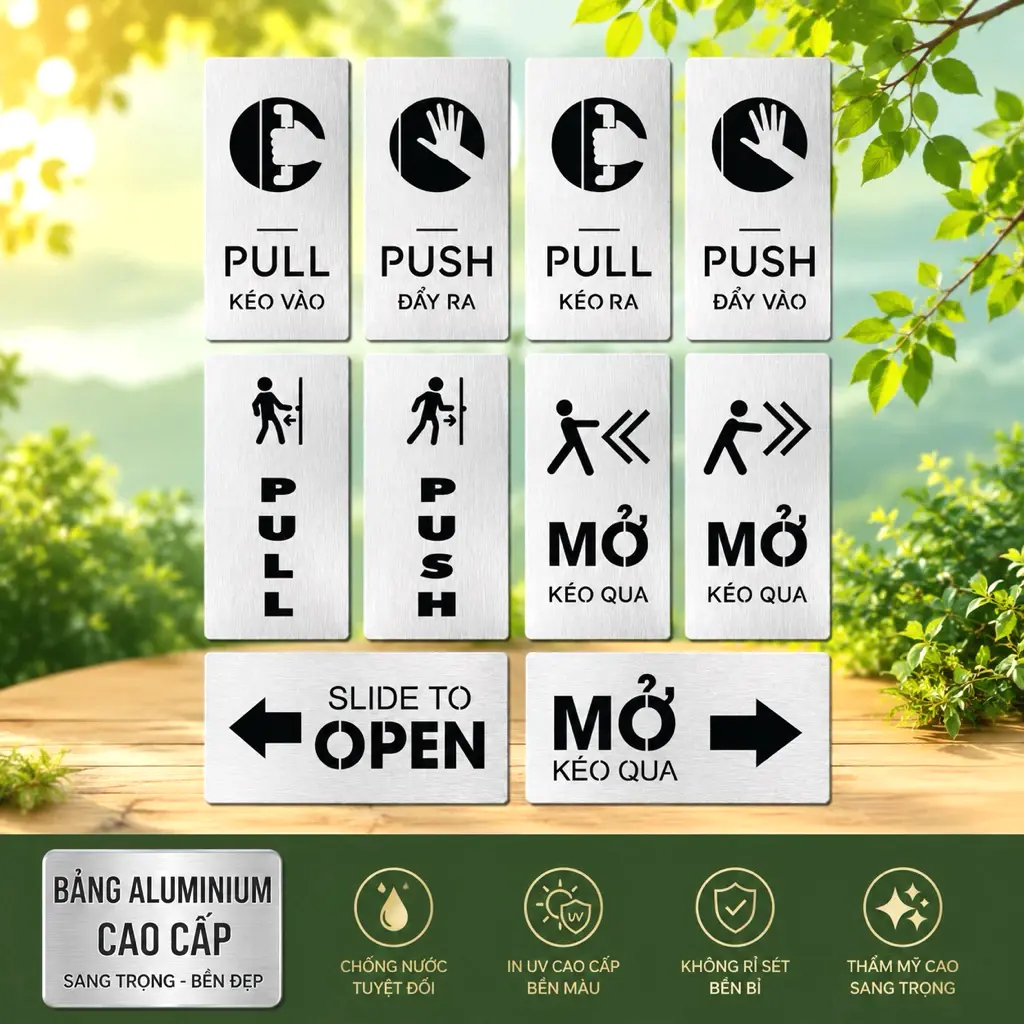 Bảng Pull Push Hướng Dẫn Kéo Đẩy Đóng Mở Cửa Ra Vào Nền Nhôm Alu Bạc, In Uv, Có Thiết Kế Theo Yêu Cầu 1 Bảng Pull Push Hướng Dẫn Kéo Đẩy Đóng Mở Cửa Ra Vào Nền Nhôm Alu Bạc, In Uv, Có Thiết Kế Theo Yêu Cầu
