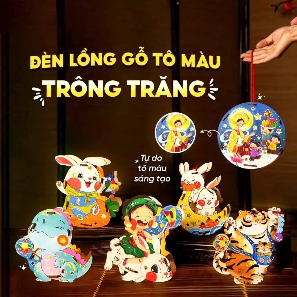 Đèn Lồng Gỗ Trung Thu Tự Lắp Ráp & Tô Màu, Bộ Đồ Chơi Cho Bé Thỏa Sức Sáng Tạo, Nhiều Hình Dễ Thương 5