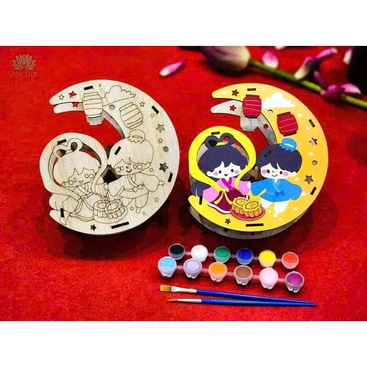 Đèn Lồng Gỗ Trung Thu Tự Lắp Ráp & Tô Màu Cho Bé Khắc Tên, Logo Theo Yêu Cầu Theo SL Kèm Đèn LED, Màu Và Cọ Vẽ,Sỉ Và LẺ