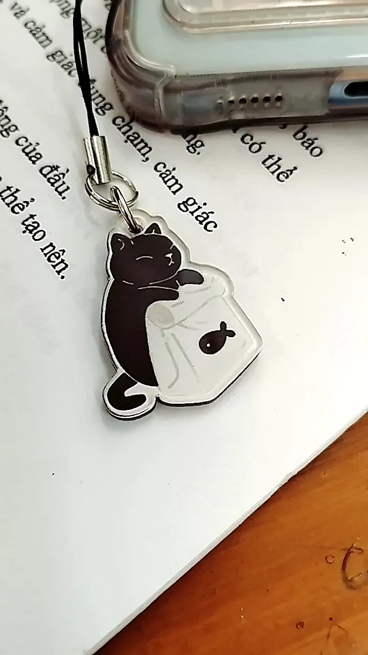 Móc Khóa Kèm Dây Treo Điện Thoại Coffee Cute Cat Mèo Cute, Theo Yêu Cầu Mica Trong Suốt In 2 Mặt , Trang Trí Treo Cặp, Balo 4