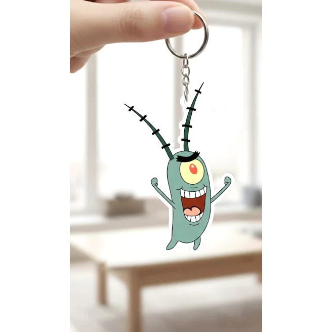 Móc Khoá " Tiểu Trùm Plankton " Tặng Người Thân, Bạn Bè, Làm Theo Yêu Cầu, Chất Liệu Mica Trong Suốt In 2 Mặt, Kích Thước 5cm , Trang Trí Treo Cặp, Balo