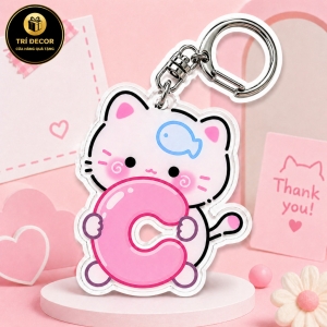 Personalized Name Letter Keychain - Chipi White Cat Baby Version Holding Sweet Letters Móc Khóa In Theo Yêu Cầu, Chất Liệu Mica Trong Suốt In 2 Mặt , Dày 4mm