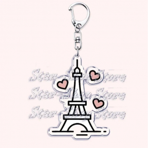 Retro France I Love Paris Eiffel Tower Keychains French Stamps Keyring Key Chain Jewelry Móc Khóa In Theo Yêu Cầu, Chất Liệu Mica Trong Suốt In 2 Mặt , Dày 4mm
